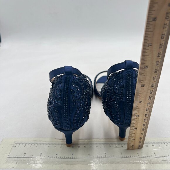 XYD Navy Open Toe Rhinestones Ankle Strap Sandals Low Heel Bridal Evening Shoes - Picture 5 of 8